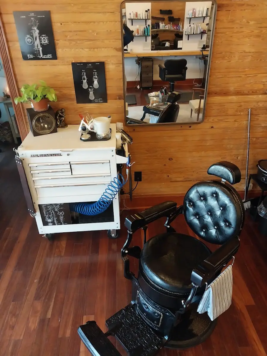Vintage barber chair and station inside Long Beach Barber